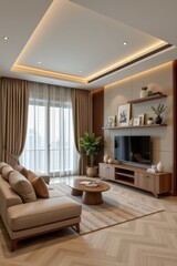 modern interior living room design and decoration in earth tone and natural color furniture fabric sofa tv on woonden wall sunligh