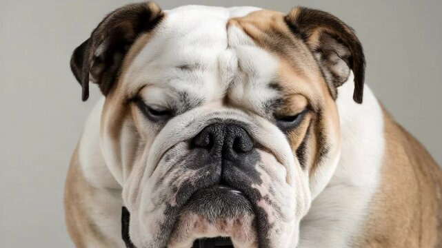Close-up studio shot of a mature bulldog with wrinkled skin and partially closed eyes in a neutral background