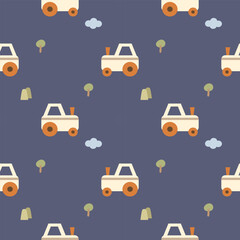 Tractor cartoon so cute. On tree mountain cloud blue background. Pattern seamless vector illustration. 