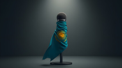 A stark metaphor for silenced voices: the Kazakhstan flag strangles a microphone, its frayed edges revealing struggle. Dark, moody lighting amplifies the tension.