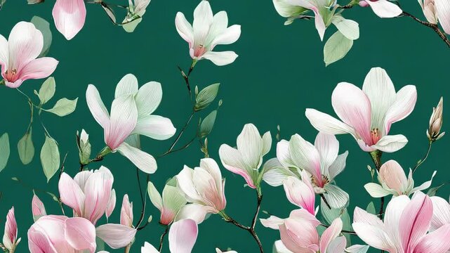 Elegant floral pattern with white and pink magnolia blossoms on a teal background, creating a seamless botanical design ideal for various creative projects.