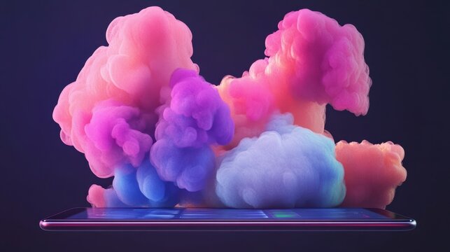 Abstract digital illustration of colorful ink or smoke clouds above a tablet.