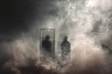 A surreal scene shows two figures emerging from the mist, one in front of a mirror.