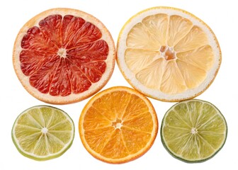 Obraz premium citrus fruits isolated on white Dried and fresh citrus fruit wheel slices PNG set, cutout isolated on transparent background. Grapefruit, orange, lemon, lime cocktail garnish decoration graphic resour