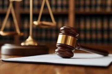 A gavel rests on legal documents with scales of justice in the background. The lighting is warm, evoking trust and the legal process.