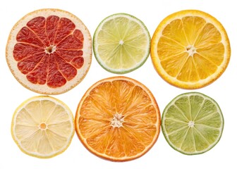 Fototapeta premium citrus fruits isolated on white Dried and fresh citrus fruit wheel slices PNG set, cutout isolated on transparent background. Grapefruit, orange, lemon, lime cocktail garnish decoration graphic resour