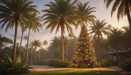 Obraz premium Ornate Christmas tree amidst palm trees, tropical Christmas scene , red, gold, escape