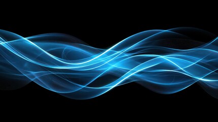 Abstract design of luminous, flowing blue waves on black background.