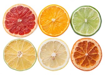 Fototapeta premium citrus fruits isolated on white Dried and fresh citrus fruit wheel slices PNG set, cutout isolated on transparent background. Grapefruit, orange, lemon, lime cocktail garnish decoration graphic resour
