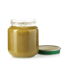 Baby food. Tasty puree in glass jar isolated on white