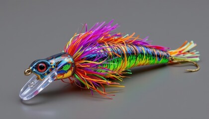 A vibrant and intricate lure designed using cutting edge technology and generative algorithms, featuring a dazzling array of colors and patterns to attract a variety of fish species.