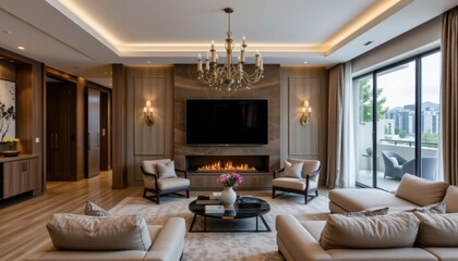 The elegant living room features a large flat screen television mounted on the wall, creating a sleek and modern focal point for entertainment.