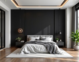 luxurious large bedroom with black dark gray walls and a bed. deep rich colors grey, graphite and white