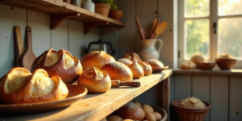 Golden-hued artisan loaves arranged on a rustic wooden shelf bathed in warm sunlight, showcasing a delightful array of freshly baked bread