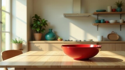 Fototapeta premium Sunlit Kitchen Table with Empty Red Bowl