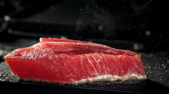 Grilled tuna steak. Filmed on a high-speed camera at 1000 fps. High quality FullHD footage