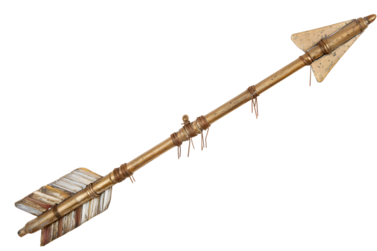 Detailed arrow shaft decorated with beads. Fletching is triangular. Point is metallic, appearing antique and aged