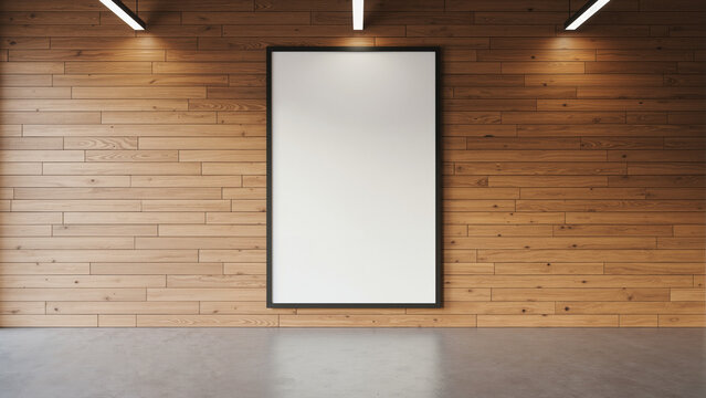 Modern empty poster frame against wooden wall backdrop  