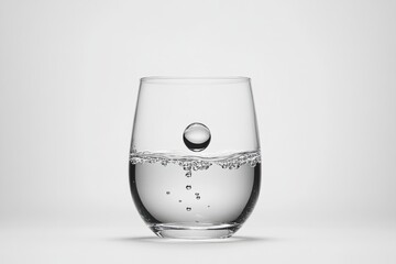 Water droplet falling into glass clean pure water elegant simple design monochrome photography