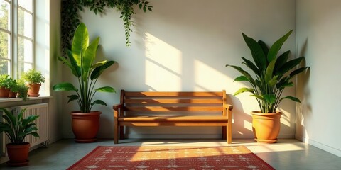 Fototapeta premium Sunlit Interior Scene with Wooden Bench and Lush Potted Plants