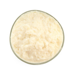 Delicious rice pudding in bowl isolated on white, top view