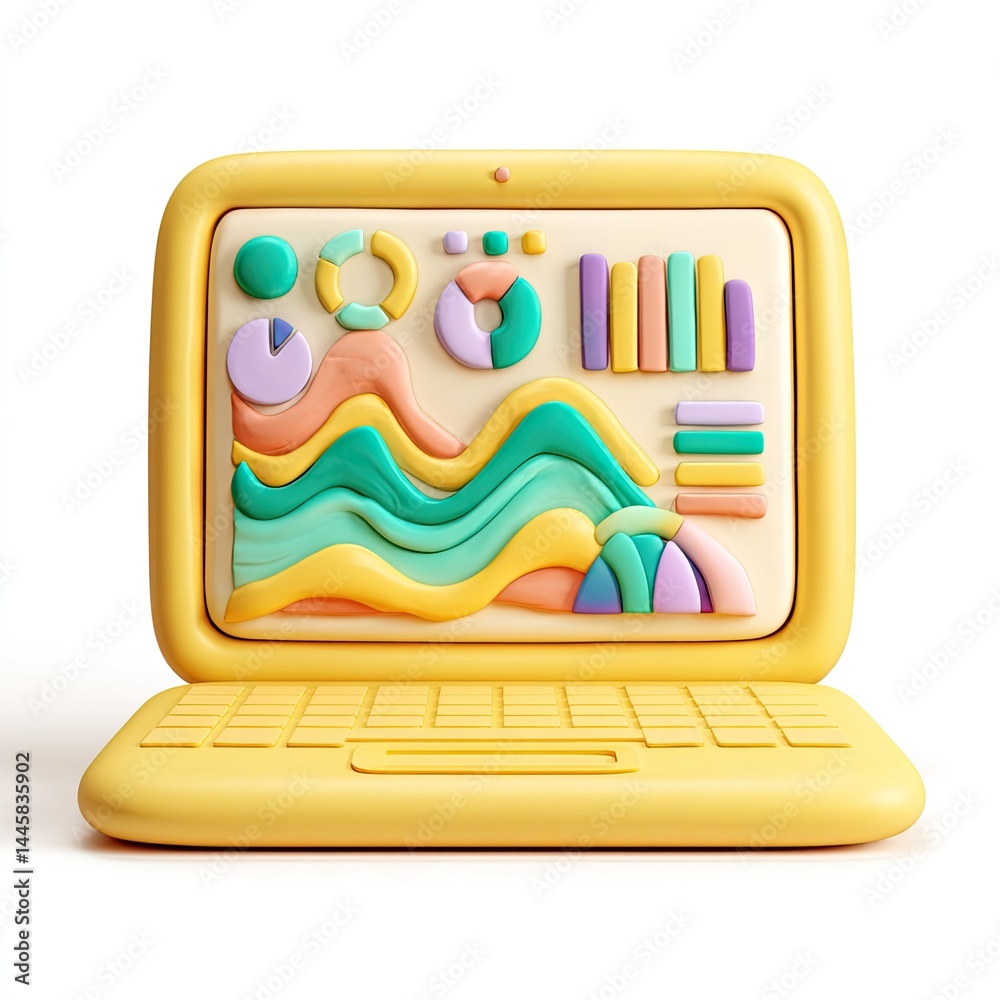 Poster stylized yellow computer device with colorful abstract data visualizations on a white background.