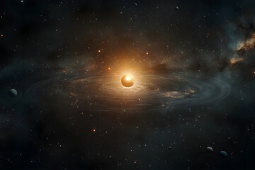 Fototapeta premium Cosmic view of a glowing sun in a swirling galaxy Generative AI