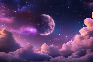 Illustration of moon and stars with pastel clouds, soft bedtime aesthetic