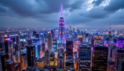 A visually captivating and energizing portrayal of a bustling cityscape, where towering skyscrapers seem to pulse with vibrant neon hues