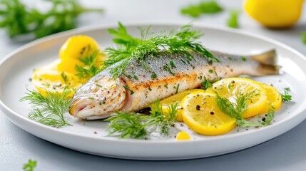 Roasted fish with lemon and herbs.  A perfectly cooked fish fillet, seasoned with herbs and lemon slices, served on a plate with fresh herbs and lemon wedges