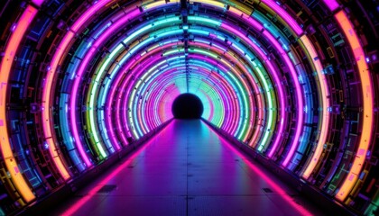 The neon glowing sci fi tunnel is a mesmerizing passageway lined with vibrant, pulsating lights that create an otherworldly atmosphere
