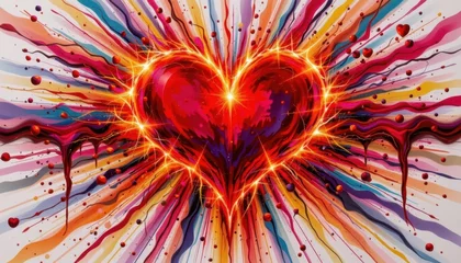 Fotobehang Abstracte kunst A fiery heart shape explodes with vibrant colors in an abstract art piece, creating a mesmerizing and dynamic display of emotion and energy.  © GIFTE