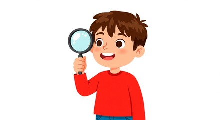 A cartoon boy with brown hair and a red shirt holding a magnifying glass up to his eye and smiling