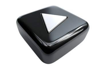 Glossy black square icon featuring a white play button against a transparent background