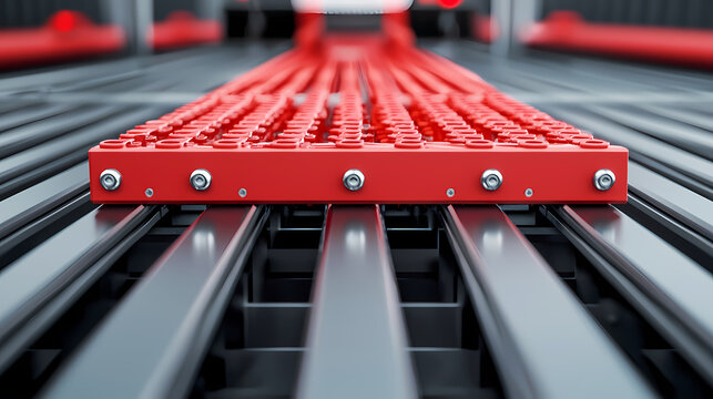A close-up view of a red conveyor system with parallel metal rails in an industrial setting.