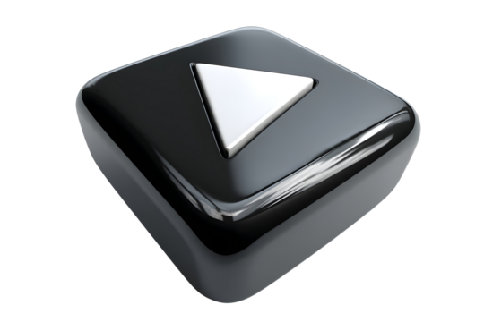 Glossy black square icon featuring a white play button against a transparent background