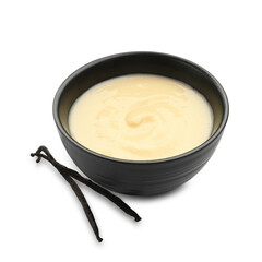 Tasty vanilla pudding in bowl and pods isolated on white