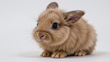 Fototapeta premium A fluffy baby rabbit with soft fur and adorable floppy ears, sitting on a pristine white background, looking sweet and innocent with its big round eyes and tiny nose twitching with curiosity.