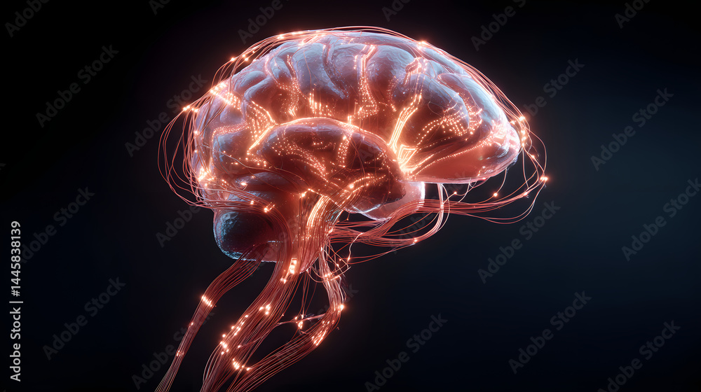 Poster illuminated brain: a mesmerizing digital rendering of a human brain, with glowing neural pathways il