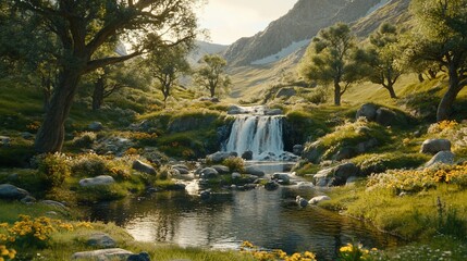 Serene mountain valley waterfall scene; lush greenery, wildflowers, sunlight