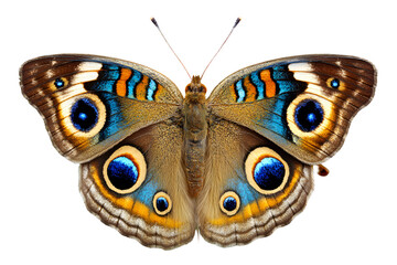 Butterfly with detailed wing patterns blues, browns, golds, and orange on a solid transparent background