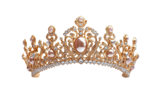 Elegant gold tiara adorned with pearls sparkling diamonds reflecting royal luxury intricate design