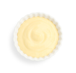 Tasty vanilla pudding in bowl isolated on white, top view