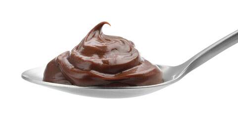 Tasty chocolate pudding in spoon isolated on white