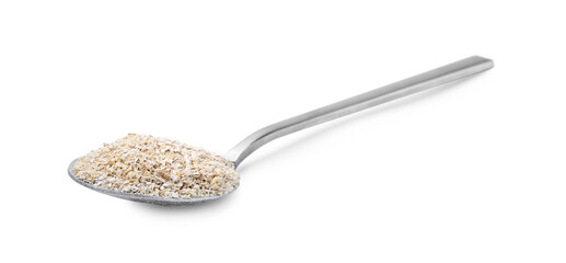 Superfood product. Oat powder in spoon isolated on white