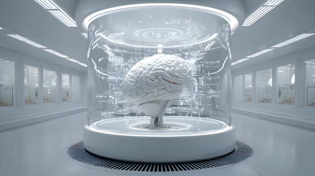 Scientific Marvel: An eerily captivating, clinically rendered brain, encased within a futuristic, transparent display, evoking the essence of scientific wonder and intellect.