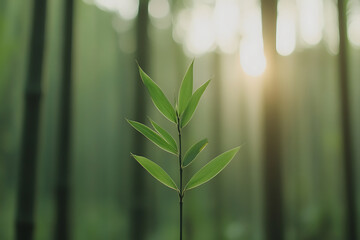 Obraz premium Bamboo shoot in a forest, illuminated by sunlight filtering through trees. A tranquil scene embodying growth, nature, and the calming essence of a woodland.