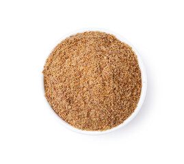 Superfood product. Flaxseed powder in bowl isolated on white, top view