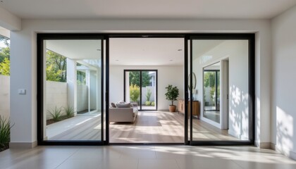 Fototapeta premium An aesthetic home entrance featuring a modern design with large glass sliding doors, allowing plenty of natural light to enter the space