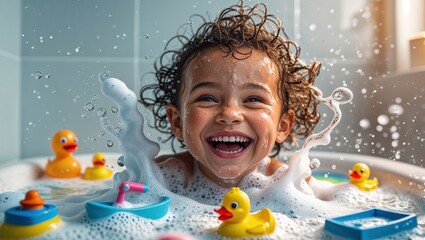 A joyful toddler splashes in a bubbly bath, surrounded by rubber duckies and bath toys.